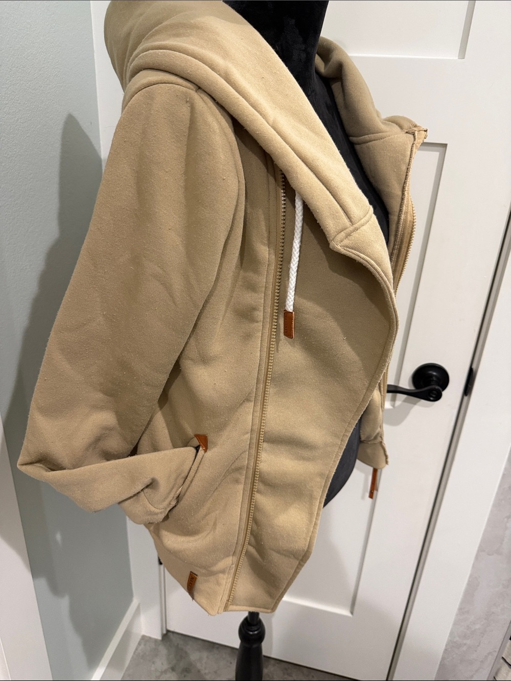 Beige Women's Rope Pulled Hooded Asymmetric Full Zip Sweatshirt Jacket Pockets M